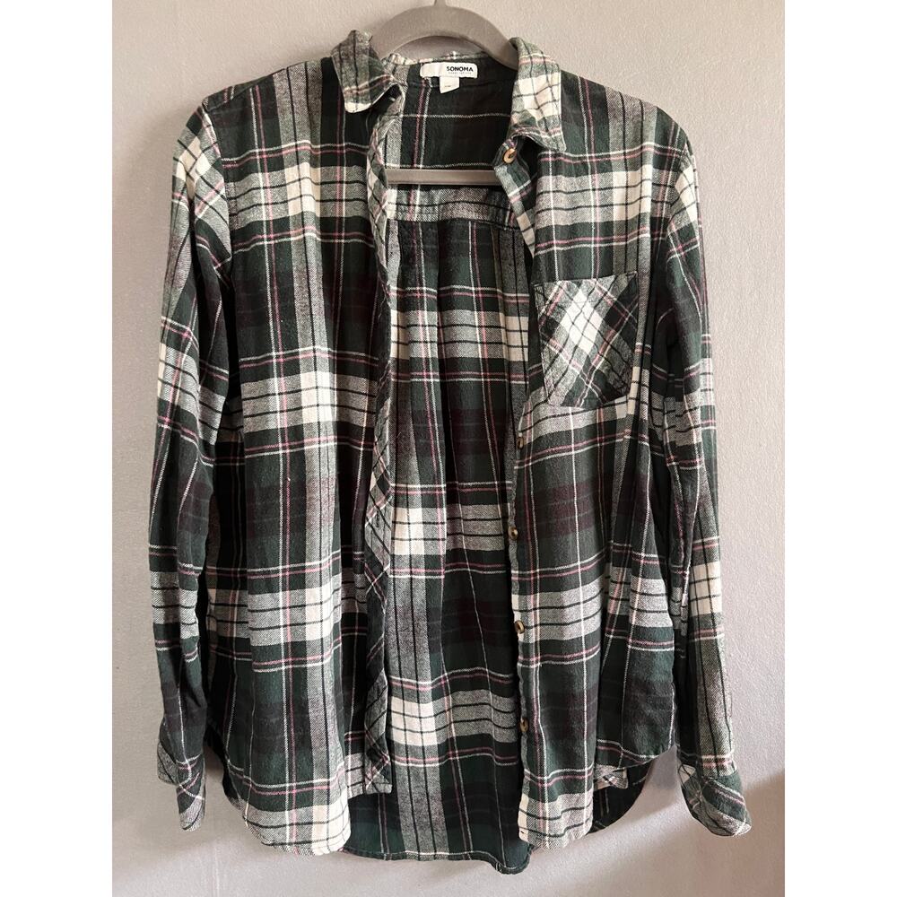 Sonoma Goods for Life Green Plaid Flannel Shirt Small 100% Cotton Pink Accent